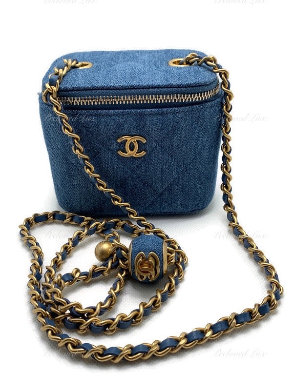 CHANEL Denim Pearl Crush Mini Vanity Case Chain Bag Gold Hardware