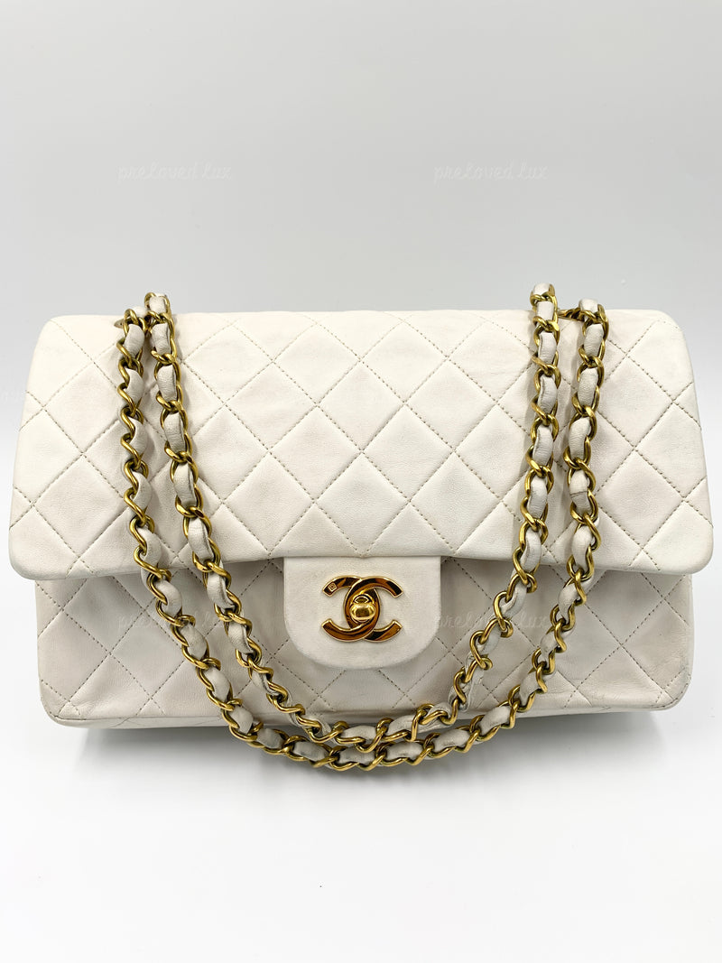 CHANEL Medium Classic Double Flap Bag White with Gold Hardware