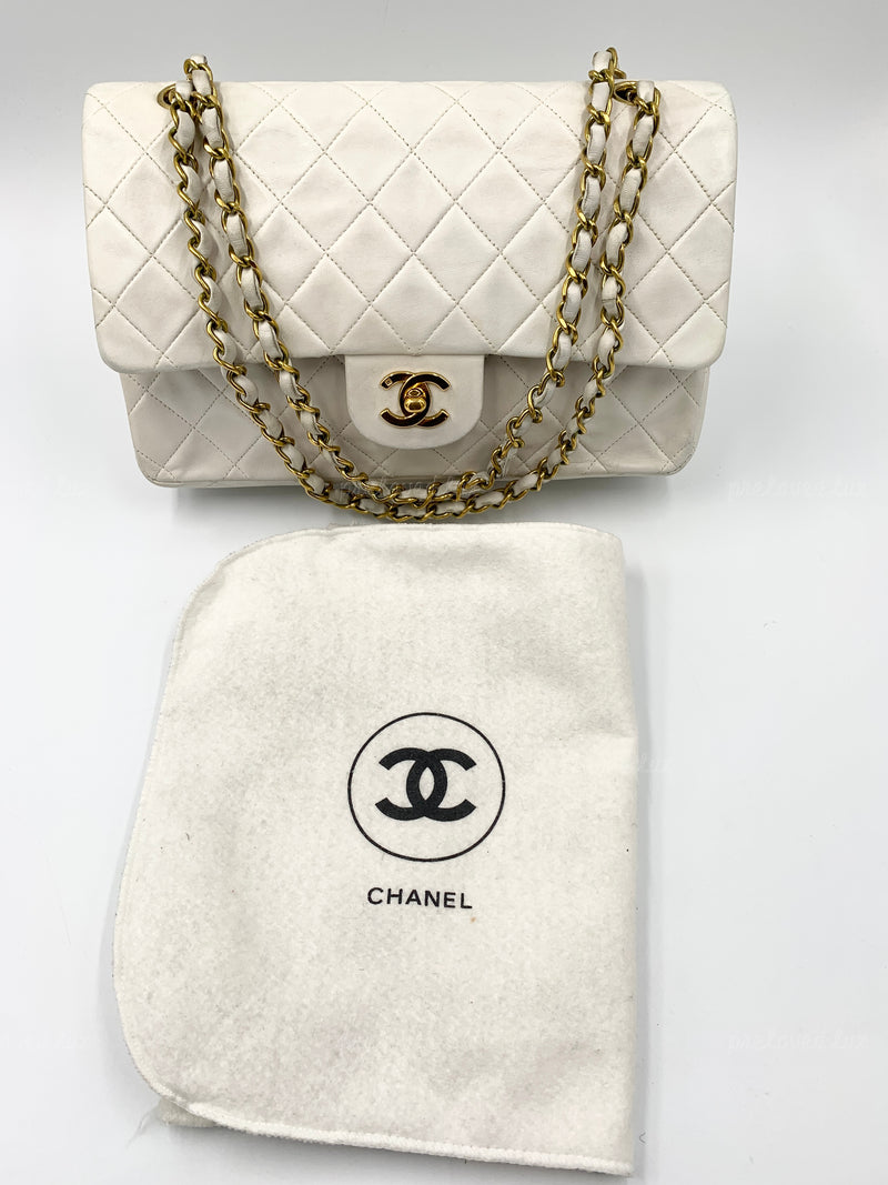 CHANEL Medium Classic Double Flap Bag White with Gold Hardware