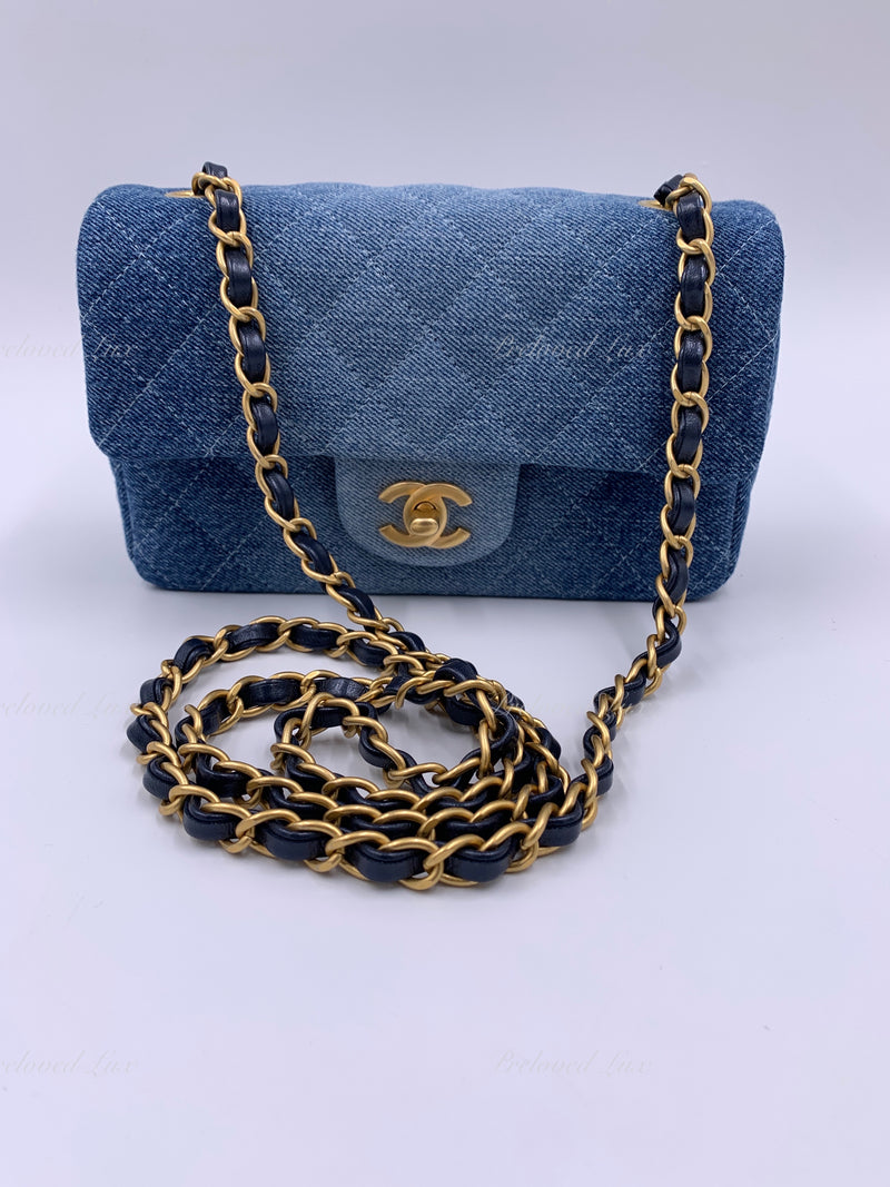 CHANEL Classic Two-Tone Denim Mini Rectangular Crossbody Flap Bag in Gold Hardware