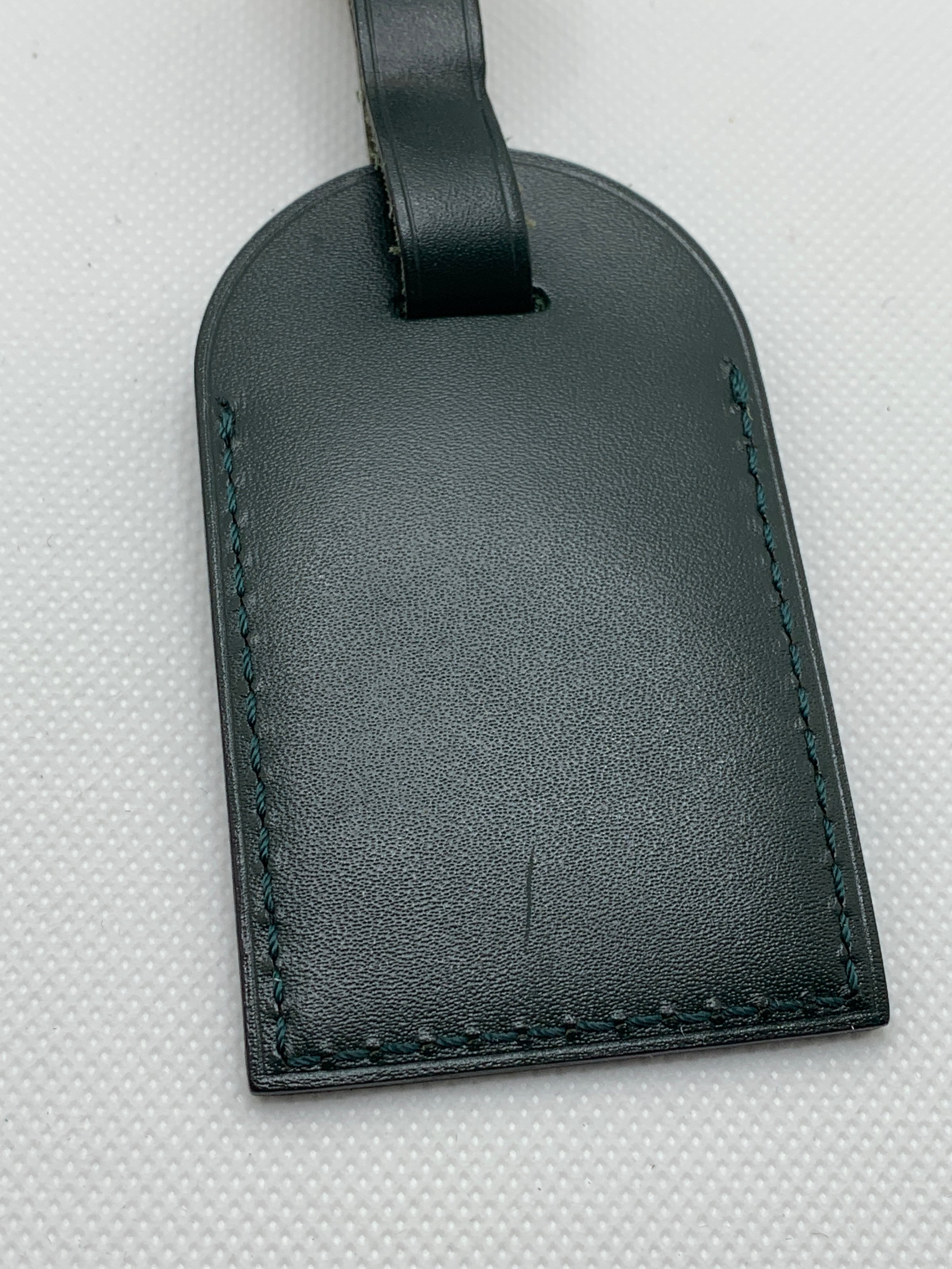 Authentic Louis Vuitton Large Dark Green Leather Luggage Tag Stamped K.K