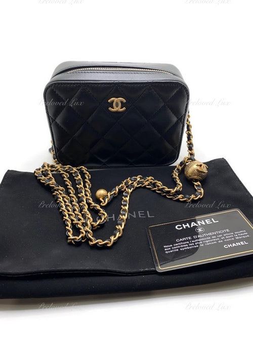 Sold-CHANEL Black Lambskin Pearl Crush Mini Vanity Camera Bag in Aged Gold Hardware