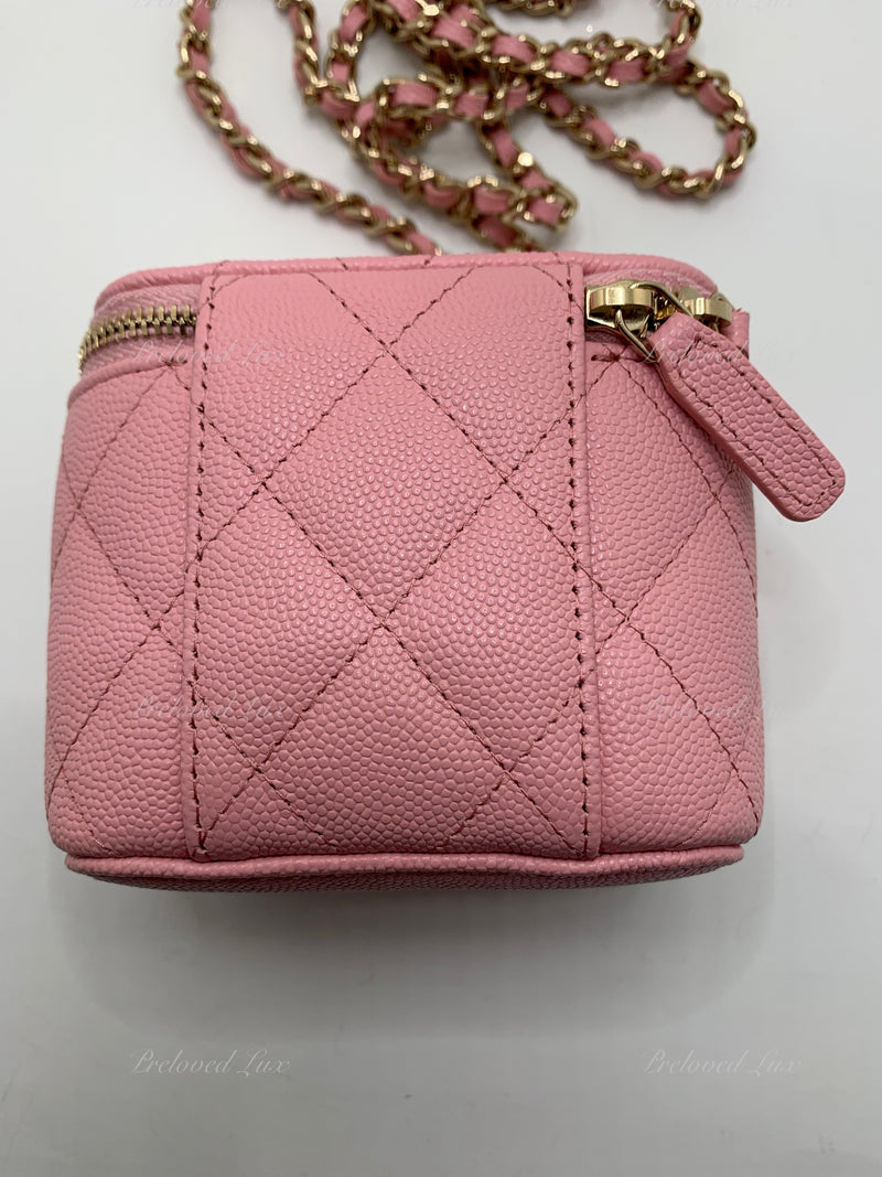 Sold-CHANEL Caviar Sakura Pink Mini Square Vanity Case Chain Bag Light Gold Hardware