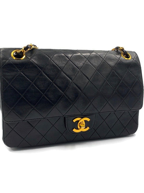 Sold-CHANEL Lambskin Double Chain Double Medium Flap Bag black/gold