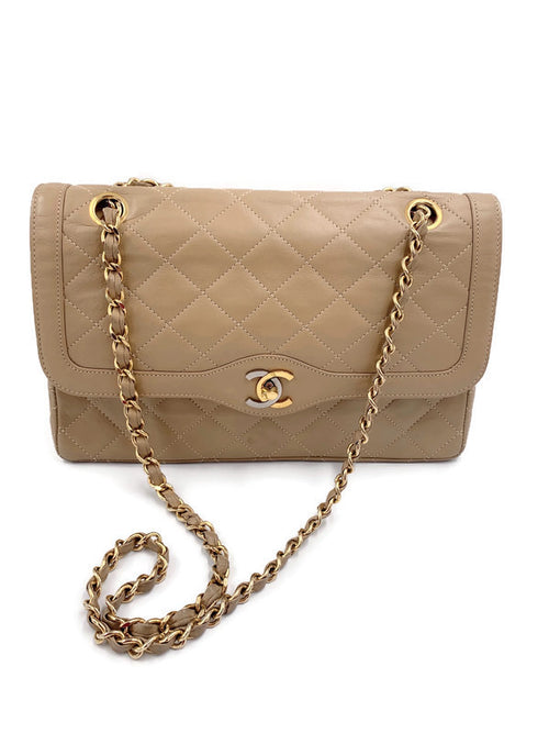 Sold-CHANEL Paris Lambskin Double Chain Double Flap Bag Beige/gold