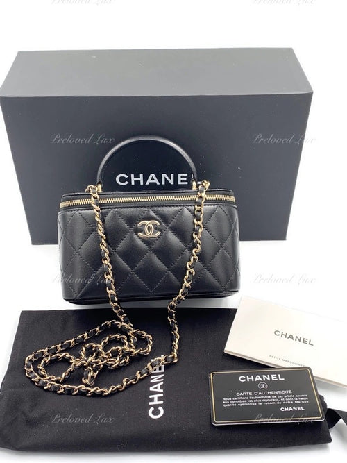 Sold-CHANEL Lambskin Black Top Handle Vanity Case Chain Bag Light Gold Hardware