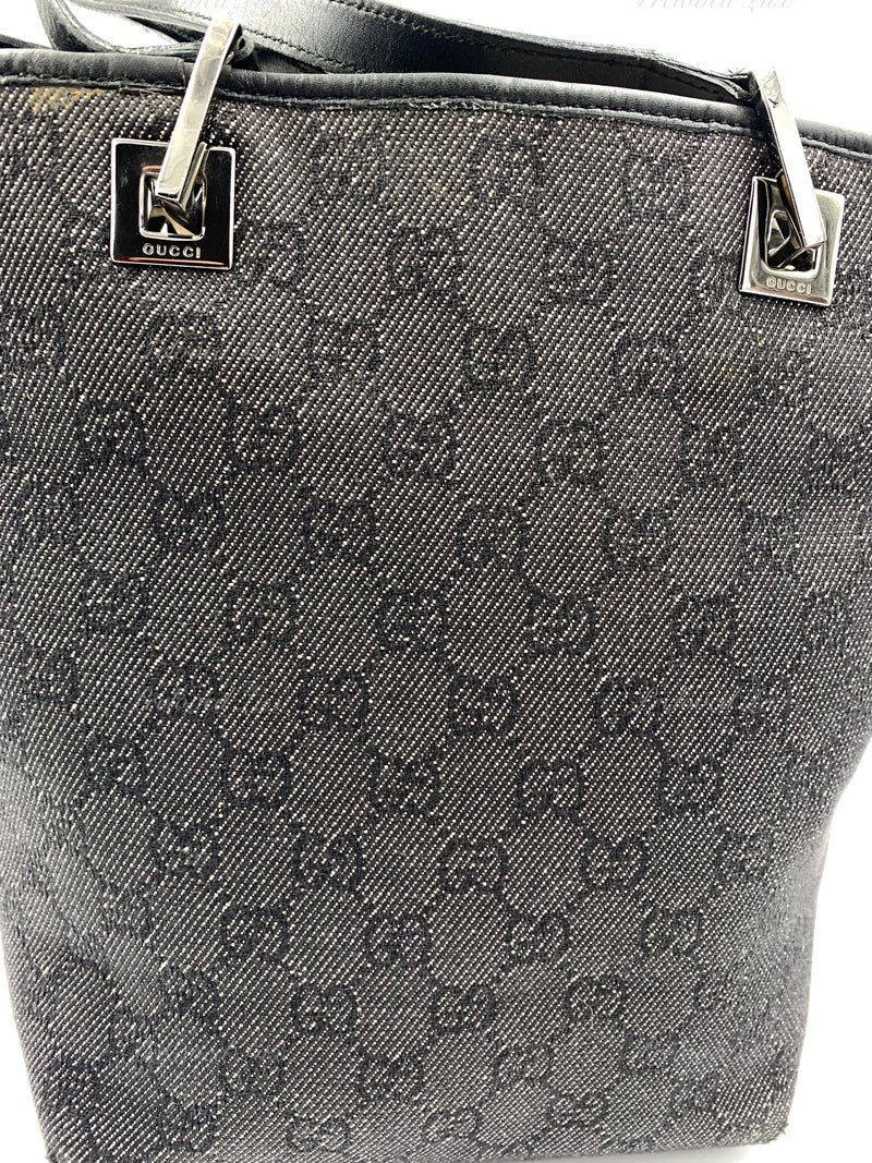 Gucci GG Denim Monogram Canvas Small Bucket Tote Handbag